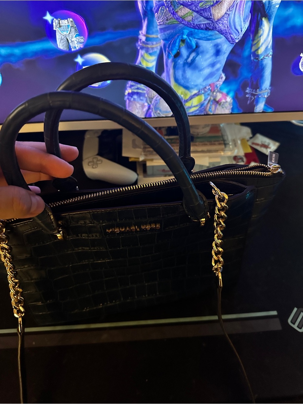 NWOT Michael Kors Croc Embossed Leather Bag Black Gold Chain Shoulder Crossbody - Picture 6 of 16